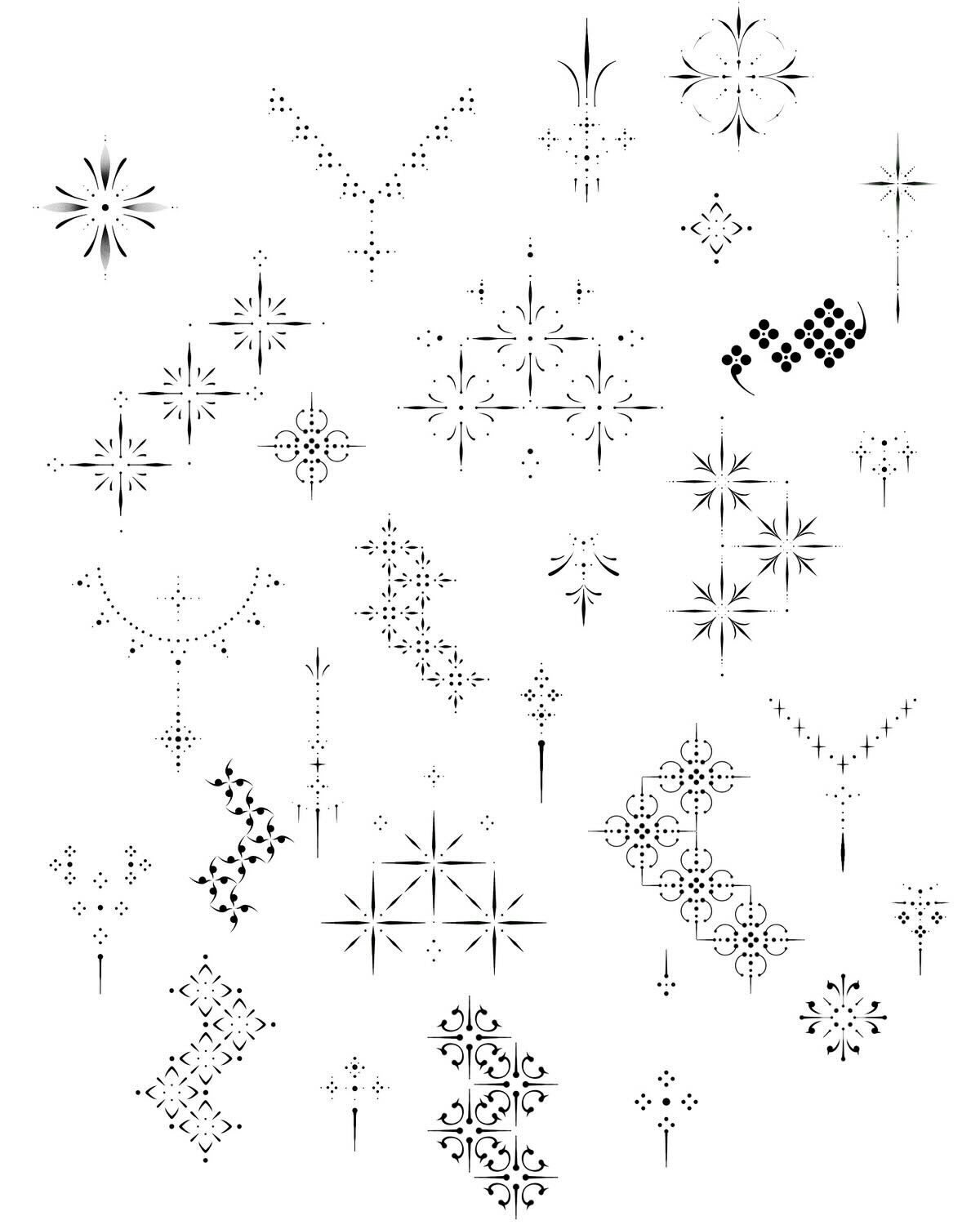 A dense sheet of around thirty-five small ornamental blackwork motifs: sparks, dotted garlands, chandelier drops, lattice panels and repeating borders.