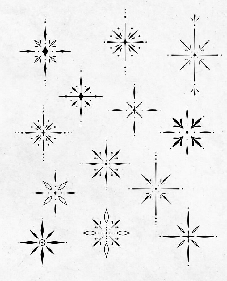 Flash sheet of twelve ornamental star designs in solid black on textured off-white paper, each built from tapered points, petals and dot accents.