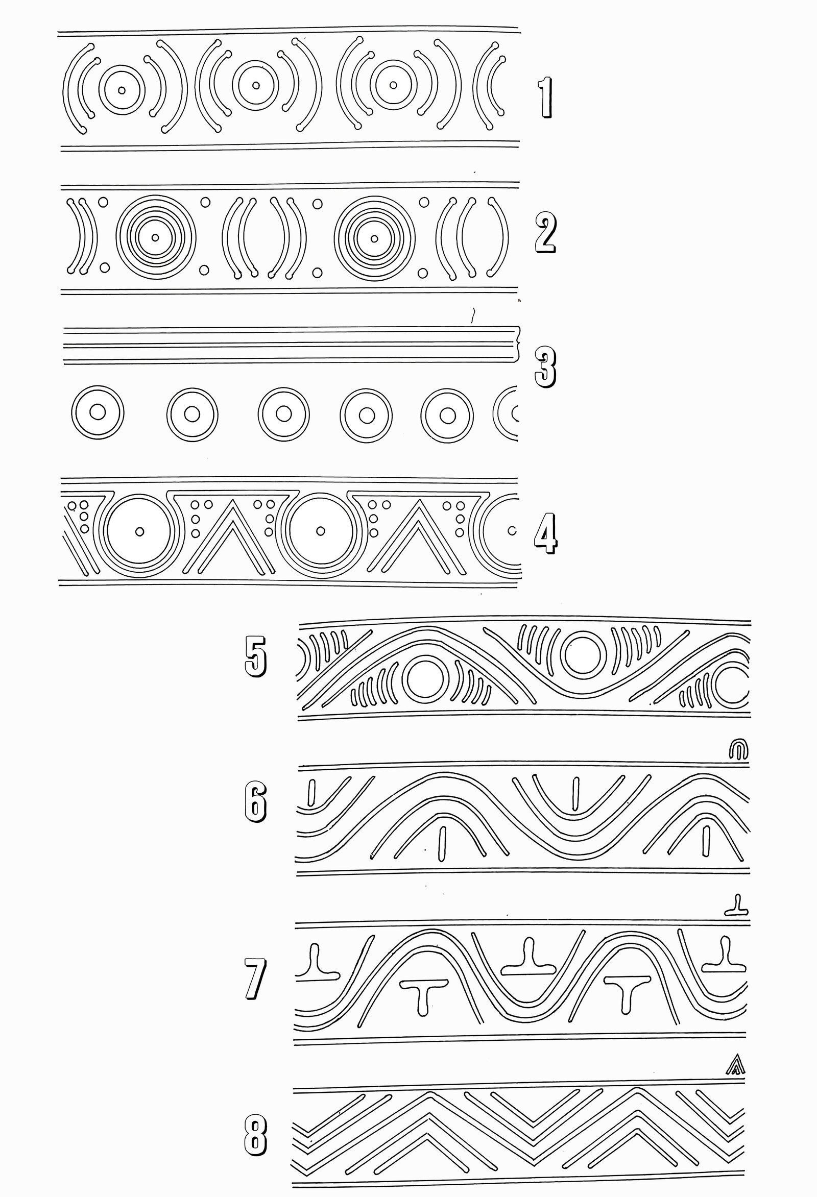 Eight numbered Taíno border bands in line drawing, each a continuous repeating pattern of circles, arcs, hatching and chevrons.