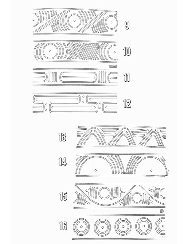 Eight further numbered Taíno border bands in line drawing, patterns nine to sixteen, built from circles, arcs, hatching and nested arches.
