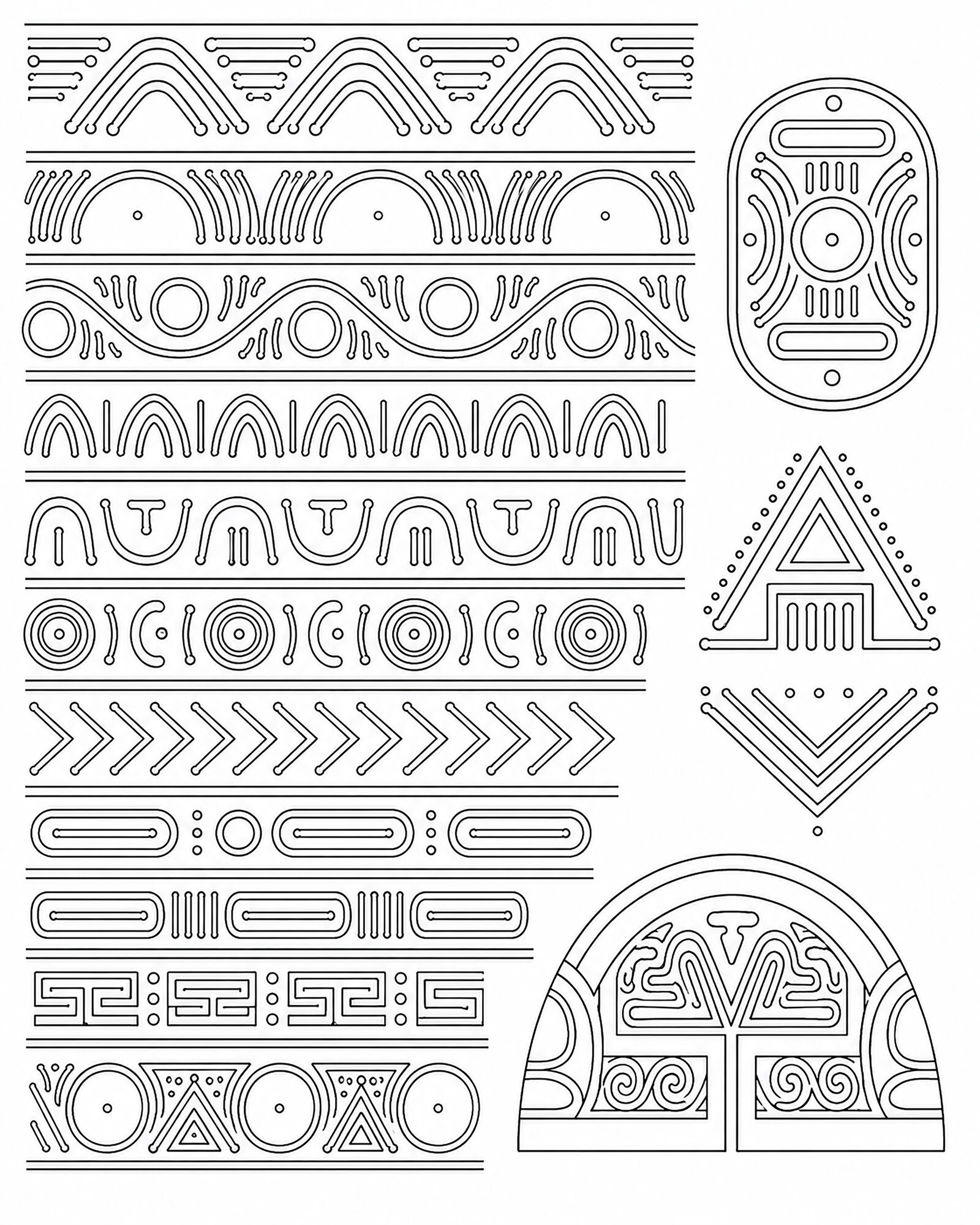 A sheet of continuous Taíno border patterns: arcades, waves threaded with circles, nested arches, chevron runs and rounded key-fret bands, with a medallion and a triangular motif alongside.