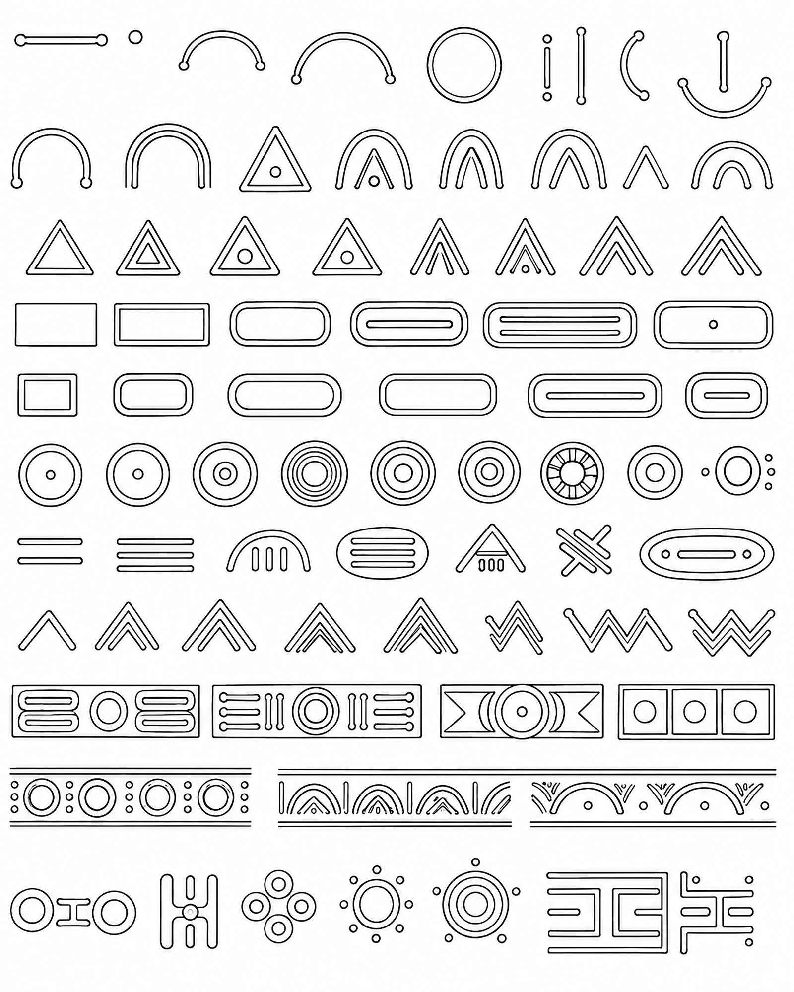 A sheet of Taíno linework glyphs drawn in even black outline: arcs, triangles, concentric circles, chevrons, rounded bars and enclosed panels.