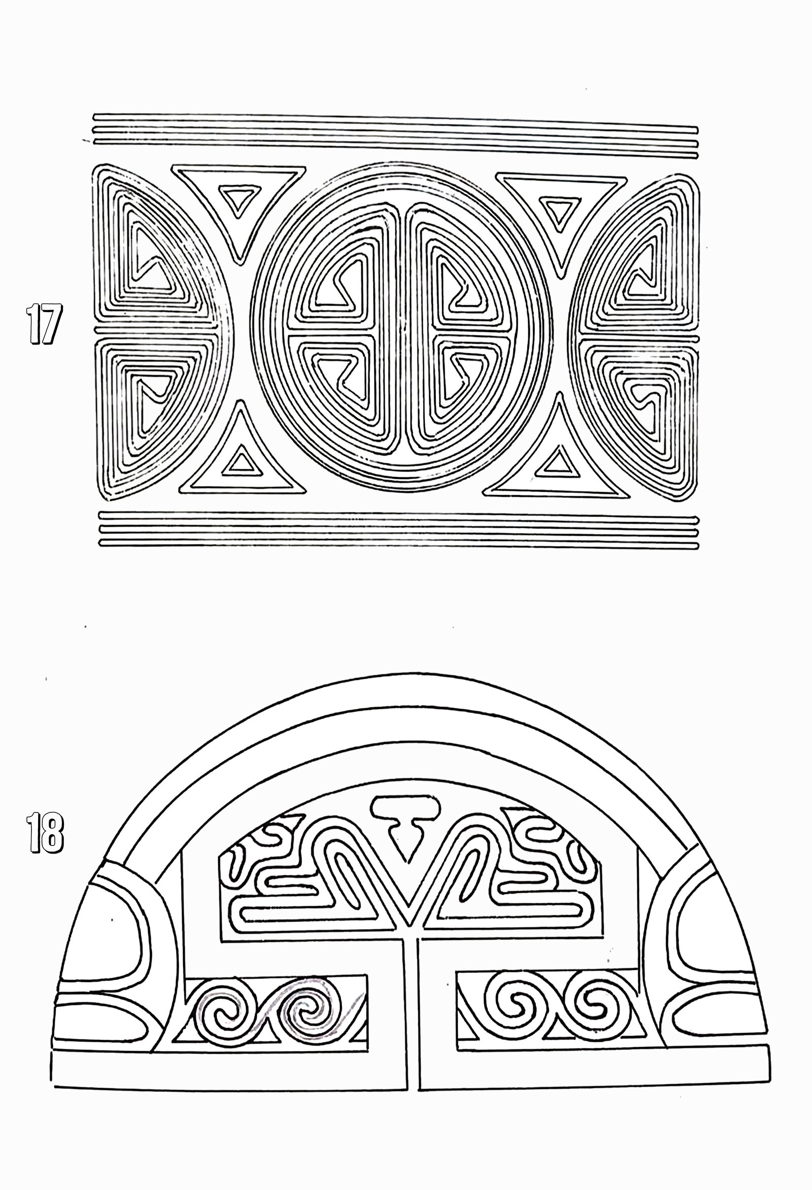 Two large Taíno line-drawn motifs: a rectangular medallion of nested key-fret spirals flanked by triangles, and a domed panel of interlocking labyrinth forms above two spiral registers.