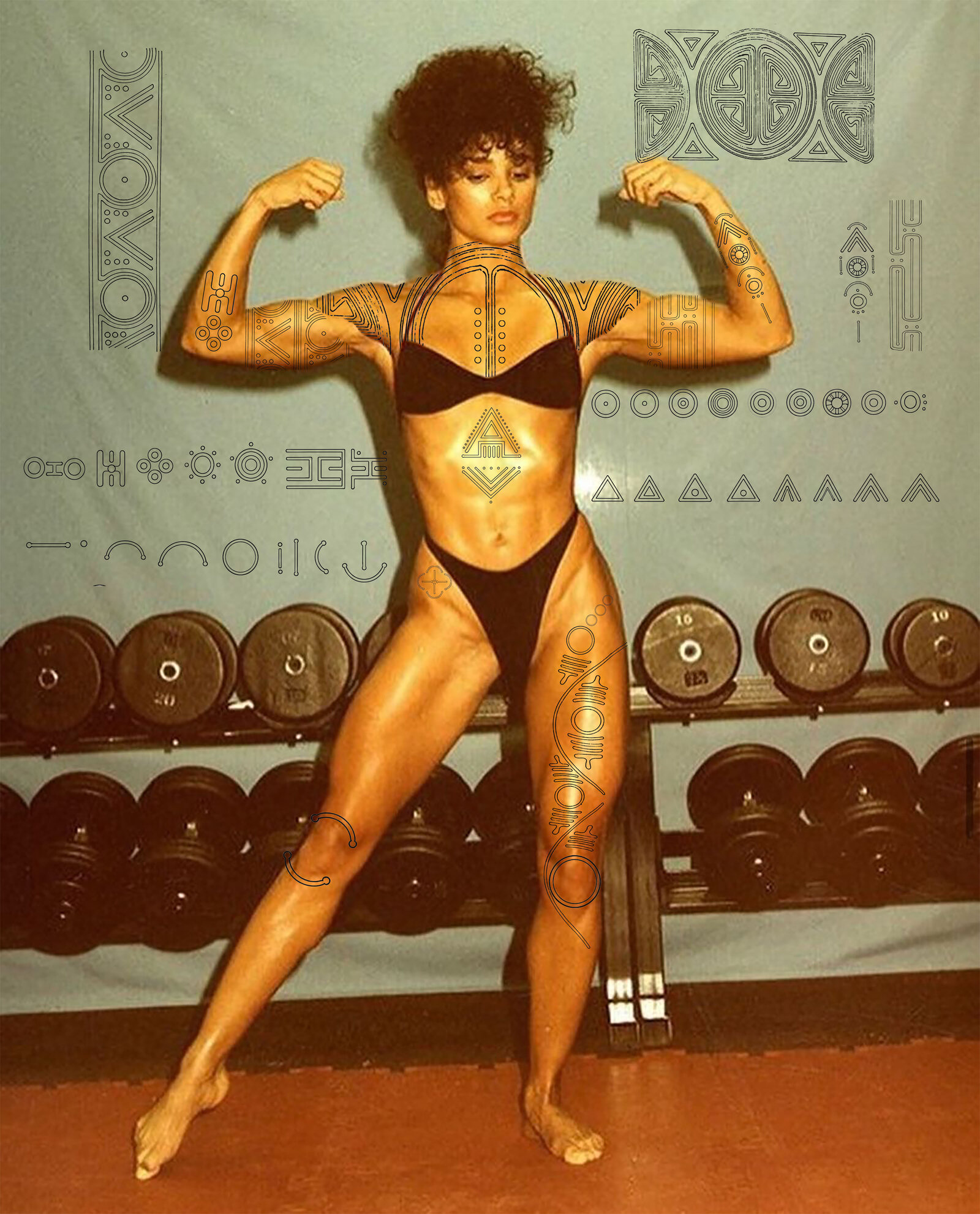 A study overlaying Taíno-derived linework (collars, bands, chevrons and concentric circles) onto a photograph of a figure, showing how the motifs sit across chest, shoulders, arms and legs.